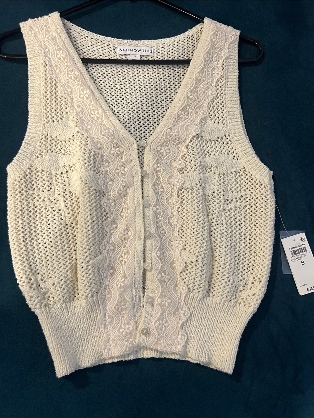 And Now This Cream Lace-Trim V-Neck Button Sweater Vest